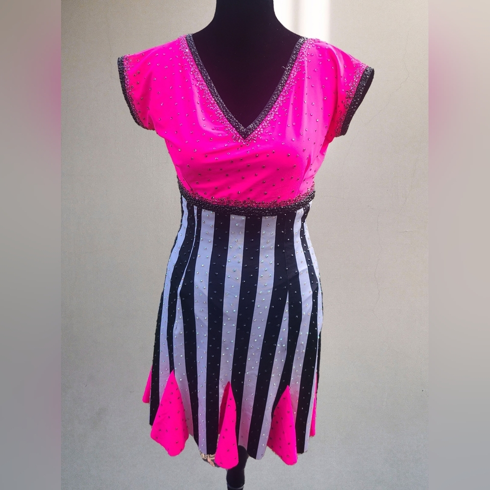 Pink and Black Striped Rhythm/Latin Ballroom Dress